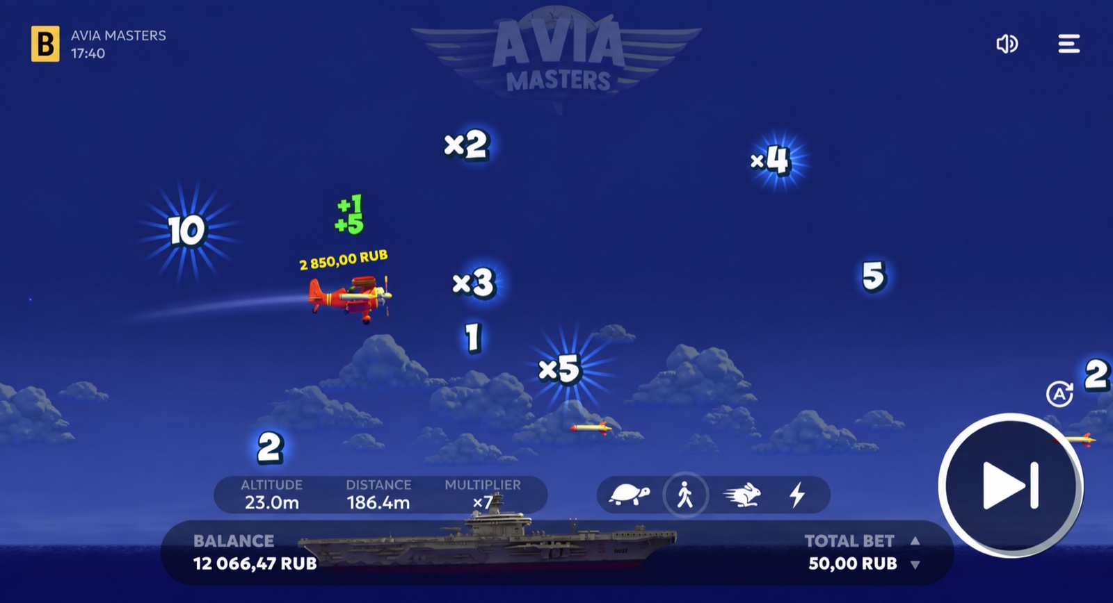 Игровой экран Aviamasters с самолётом, ракетами и суммами в рублях