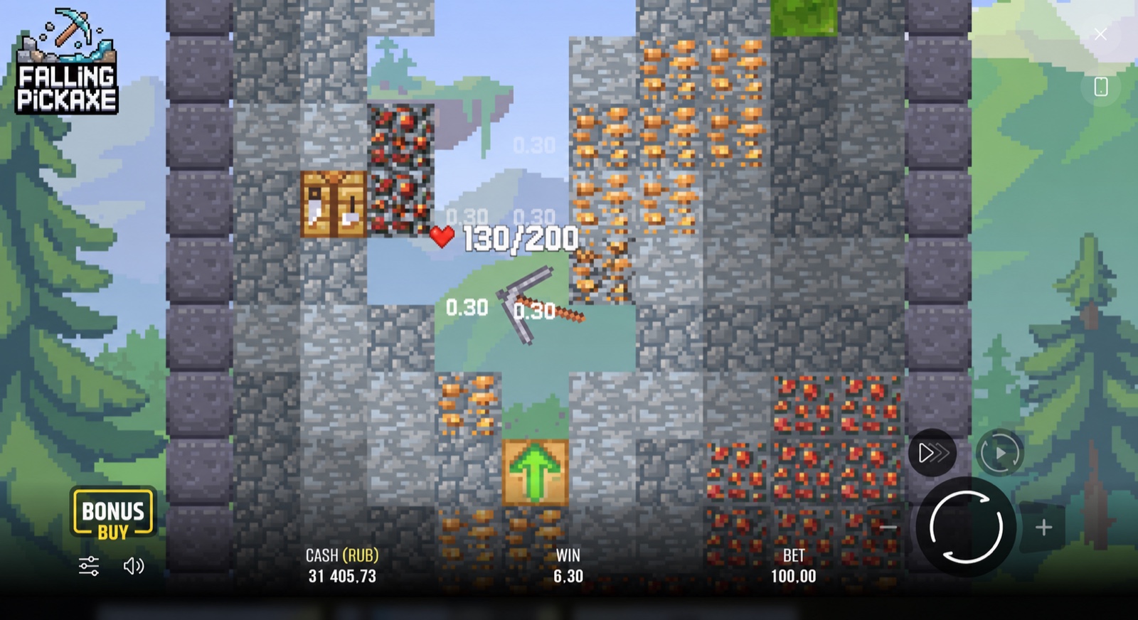 Игровой экран Falling Pickaxe с падающей киркой, блоками и суммами в рублях