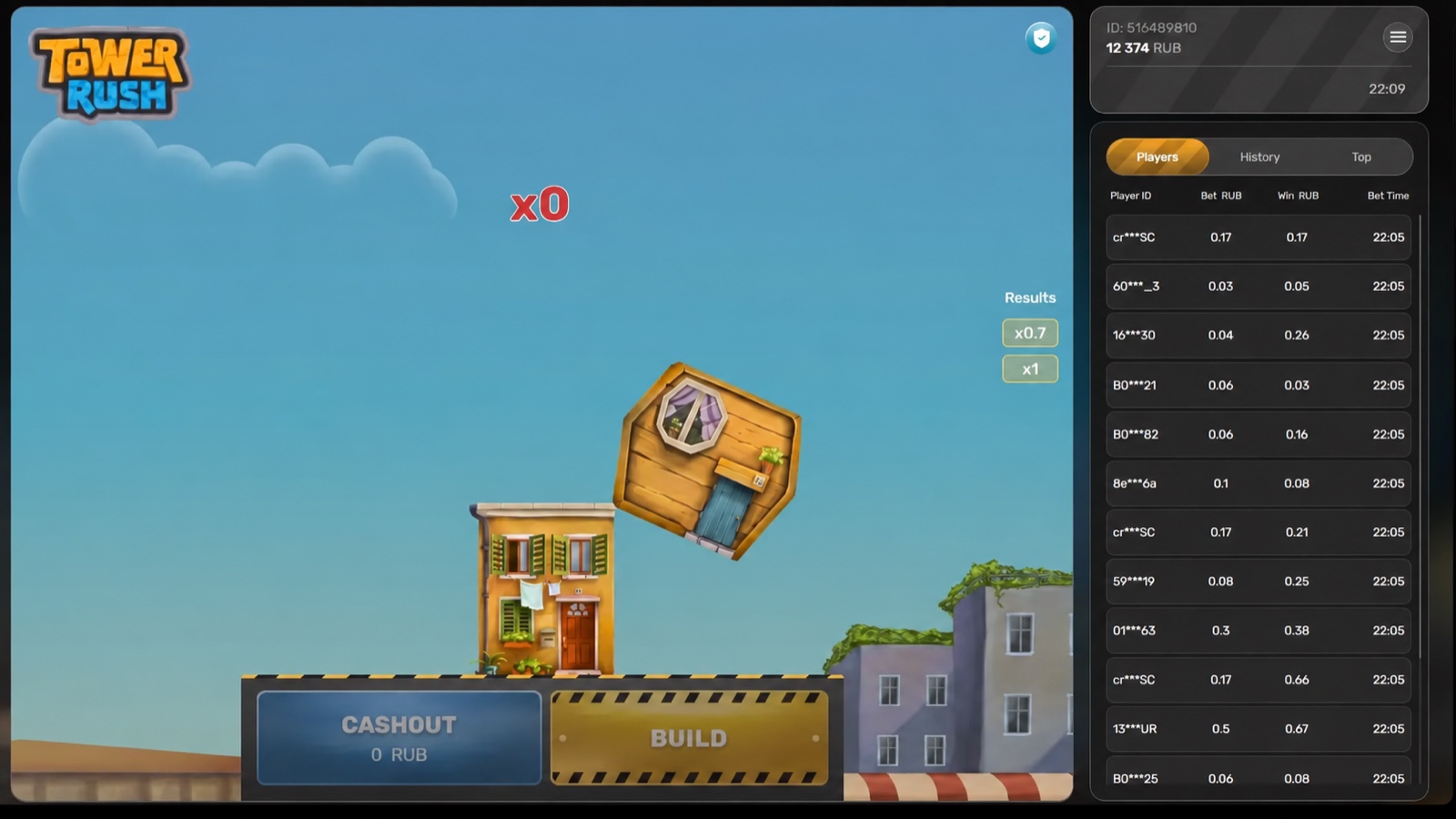 Игровой экран Tower Rush со строительством башни и балансом в рублях